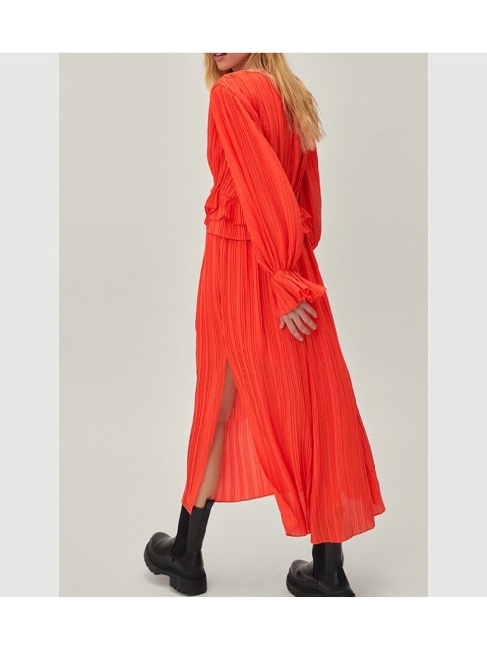 Nasty Gal Red-Orange Ruffle Plunging Pleated Midi Maxi Dress Size 4 Wedding - Picture 4 of 11